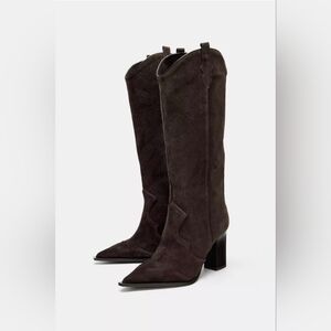 Zara Dark Brown Heeled Boots SPLIT LEATHER HEELED BOOTS